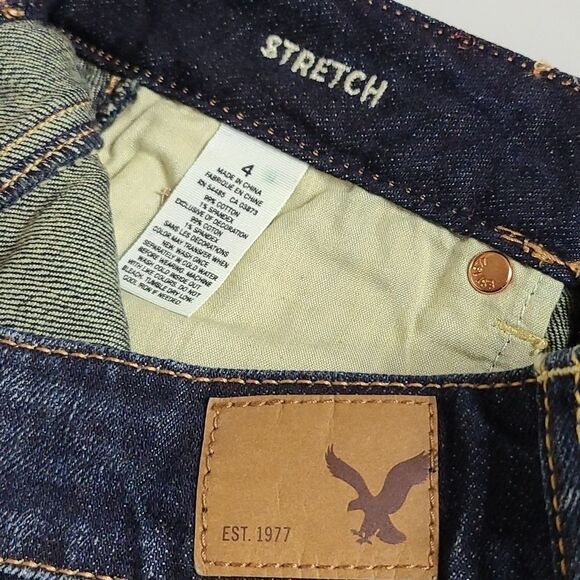 AE American Eagle Faux Leather Trim Dark Denim Cutoff Shortie Short Sz 4 - Picture 4 of 8